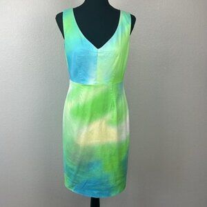 Elie Tahari Camellia Dress Sleeveless Watercolor  Orange Back Zipper Sheath 8